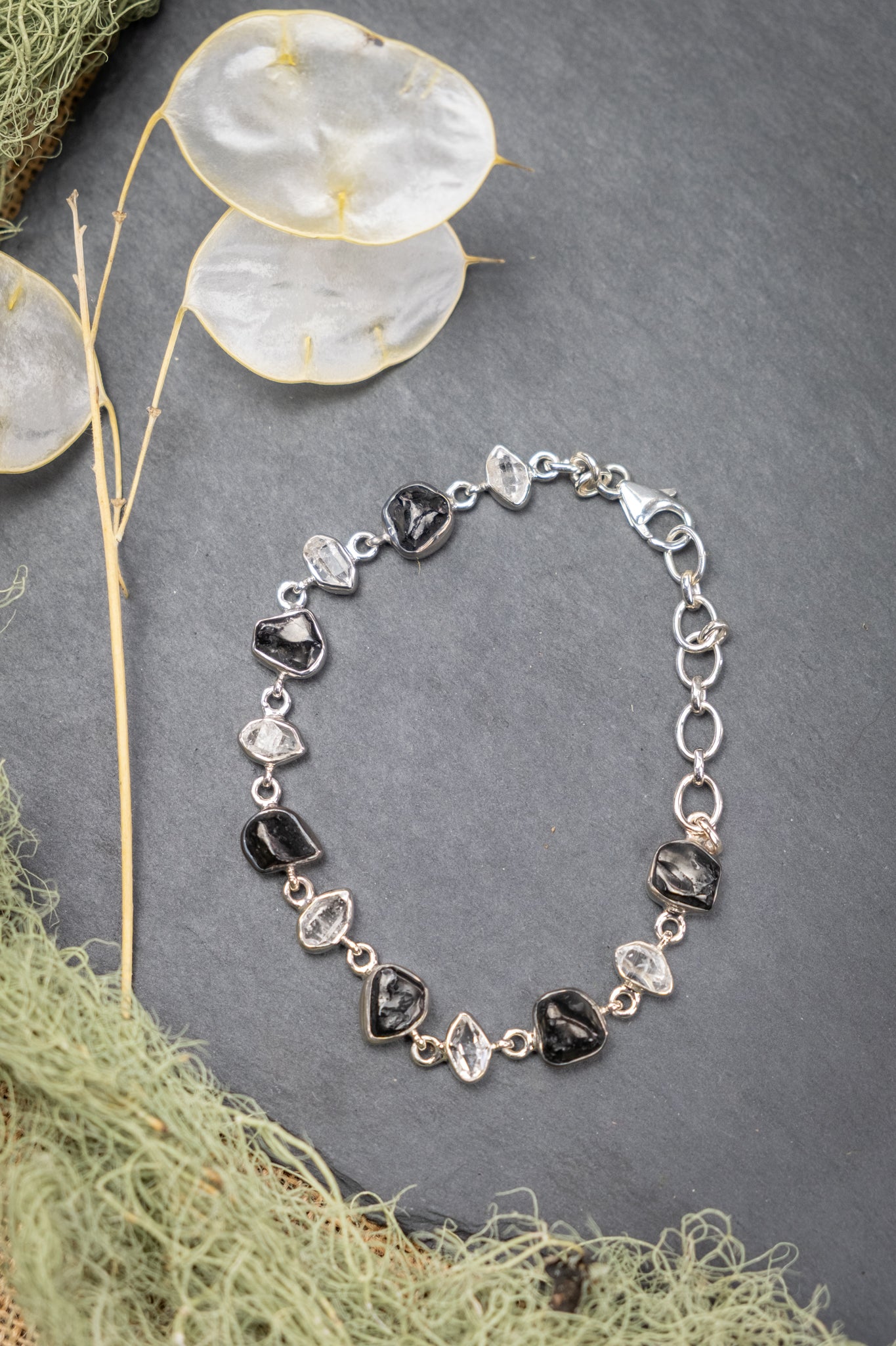 Shungite and Herkimer Diamond Sterling Silver Bracelet