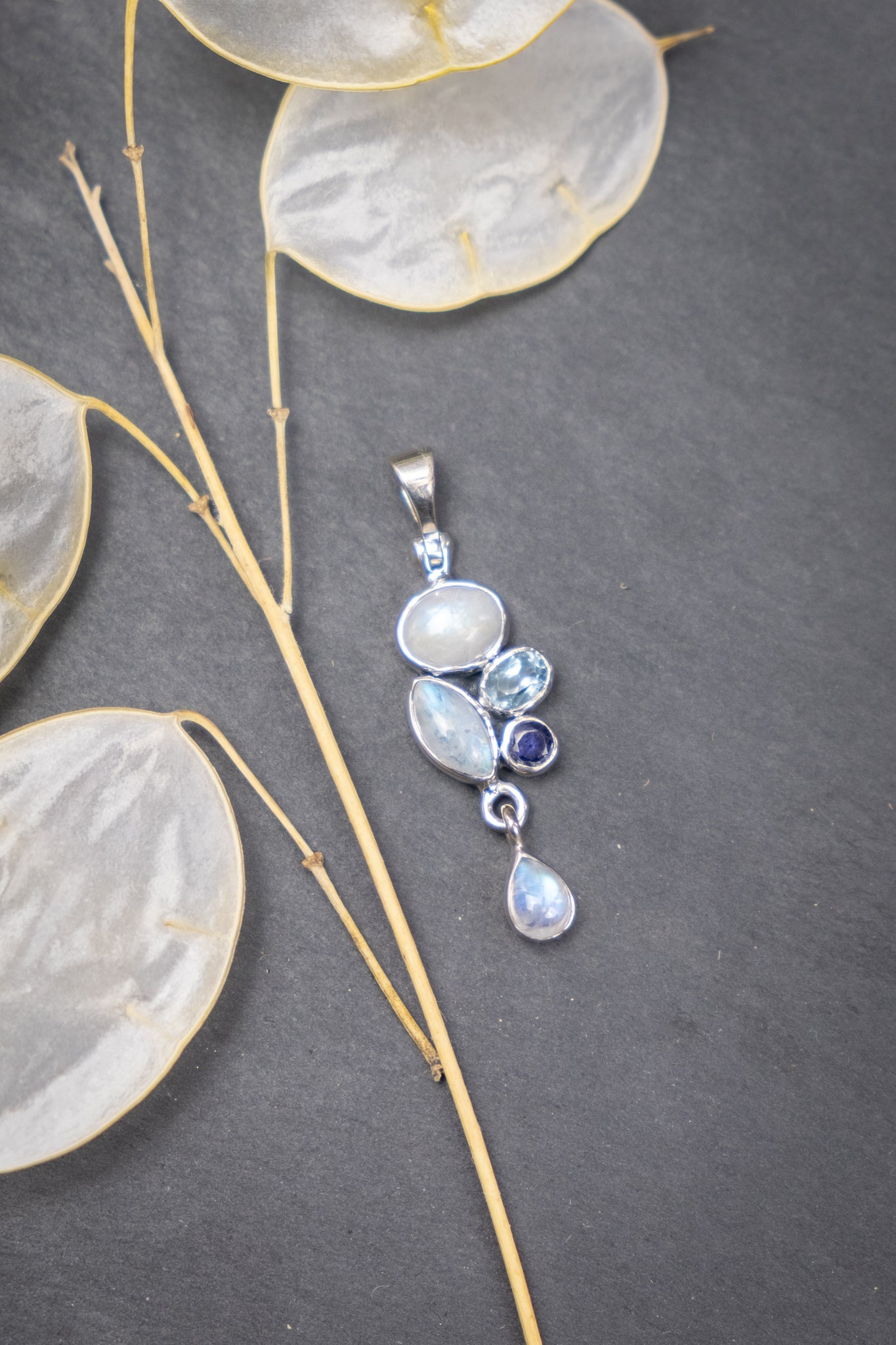 Topaz, Iolite and Rainbow Moonstone Pendant