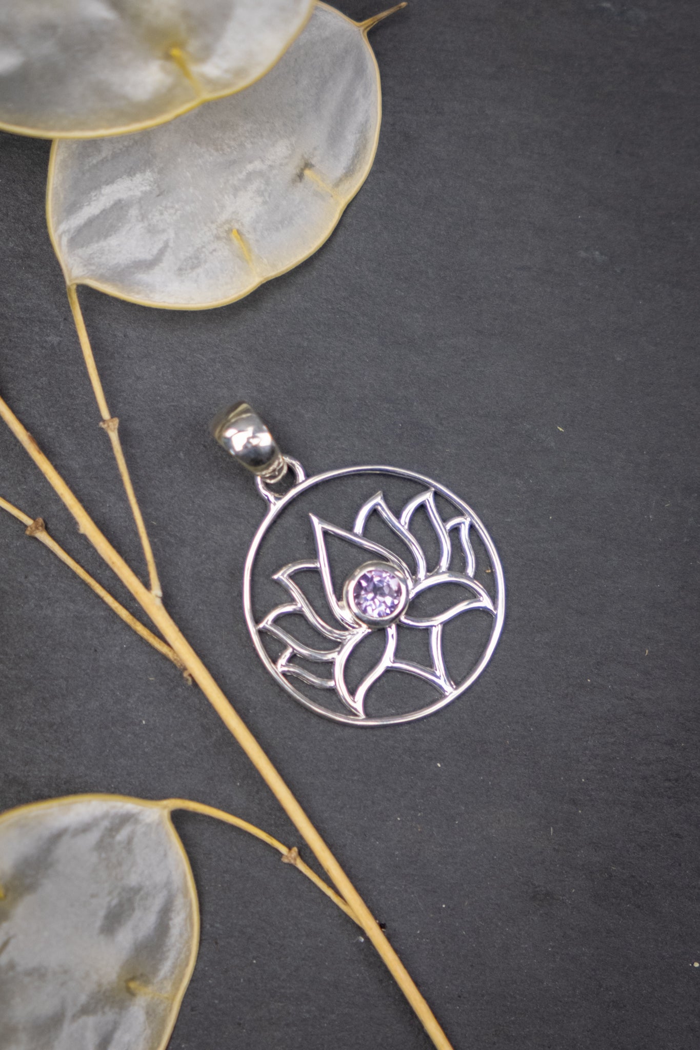 Amethyst Lotus Flower Pendant in Sterling Silver