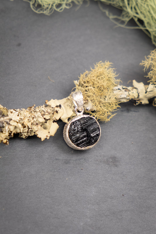 Black Tourmaline Raw Sterling Silver Pendant