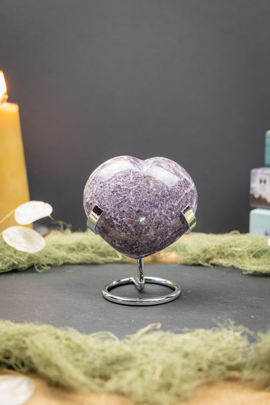 Lepidolite Heart on Stand, with Pink Tourmaline, Smokey Quartz and Blue Apatite