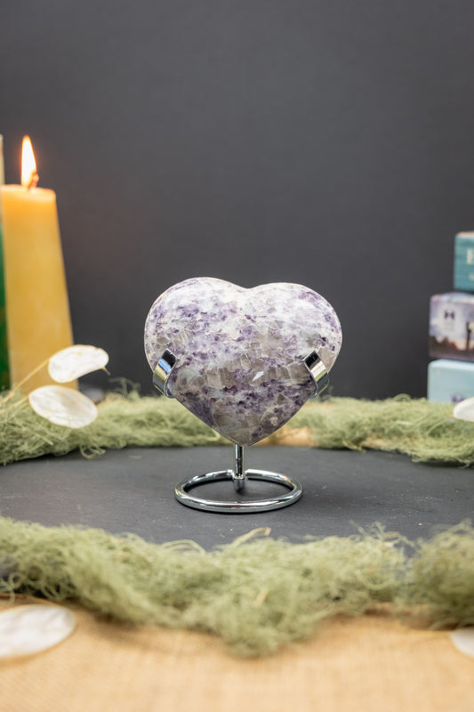 Unicorn Stone Heart on Stand with Smokey Quartz and Lepidolite