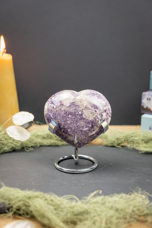 Lepidolite Heart on Stand, with Pink Tourmaline, Smokey Quartz and Blue Apatite