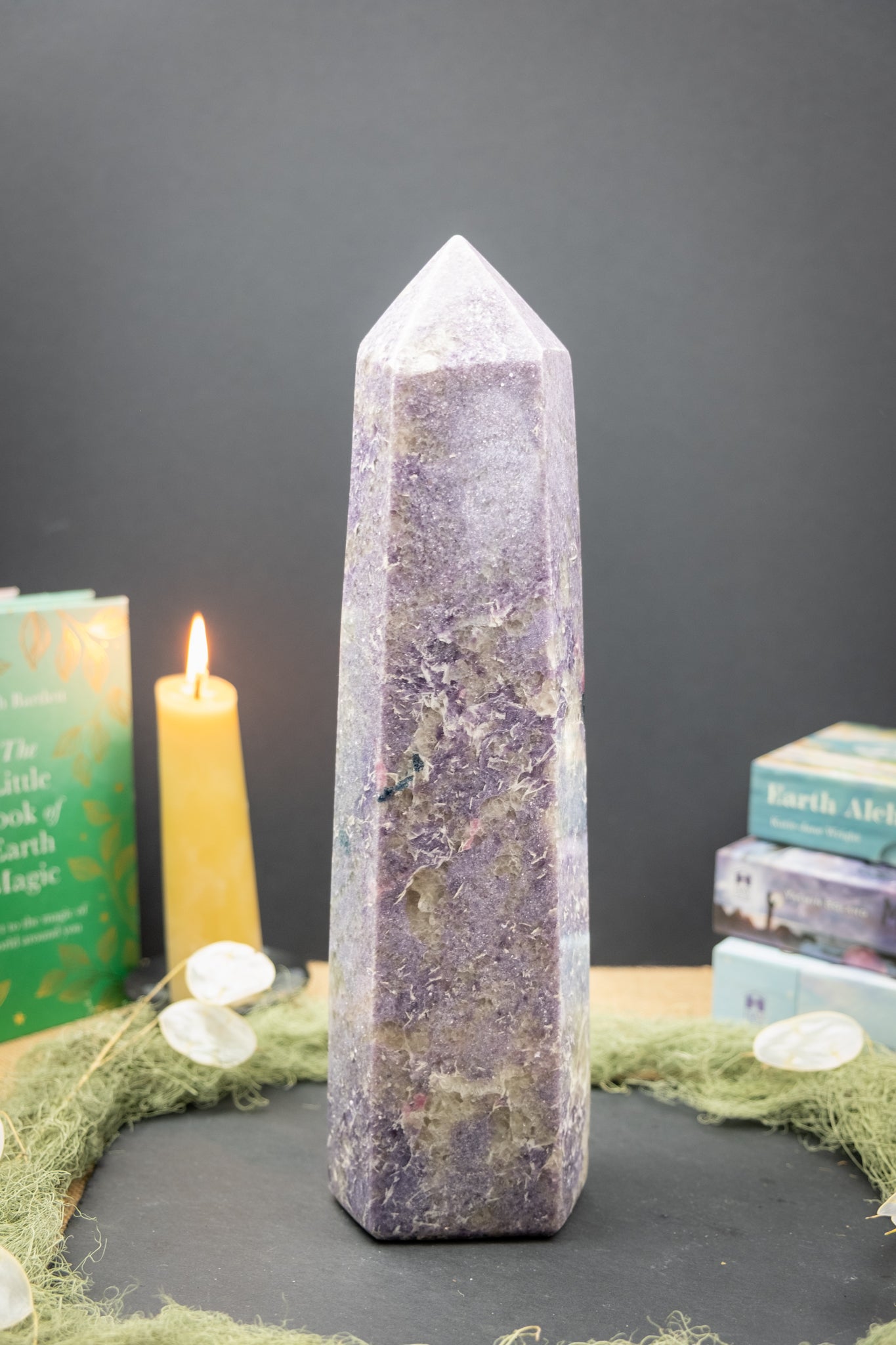 Lepidolite Point with Blue Apatite and Pink Tourmaline
