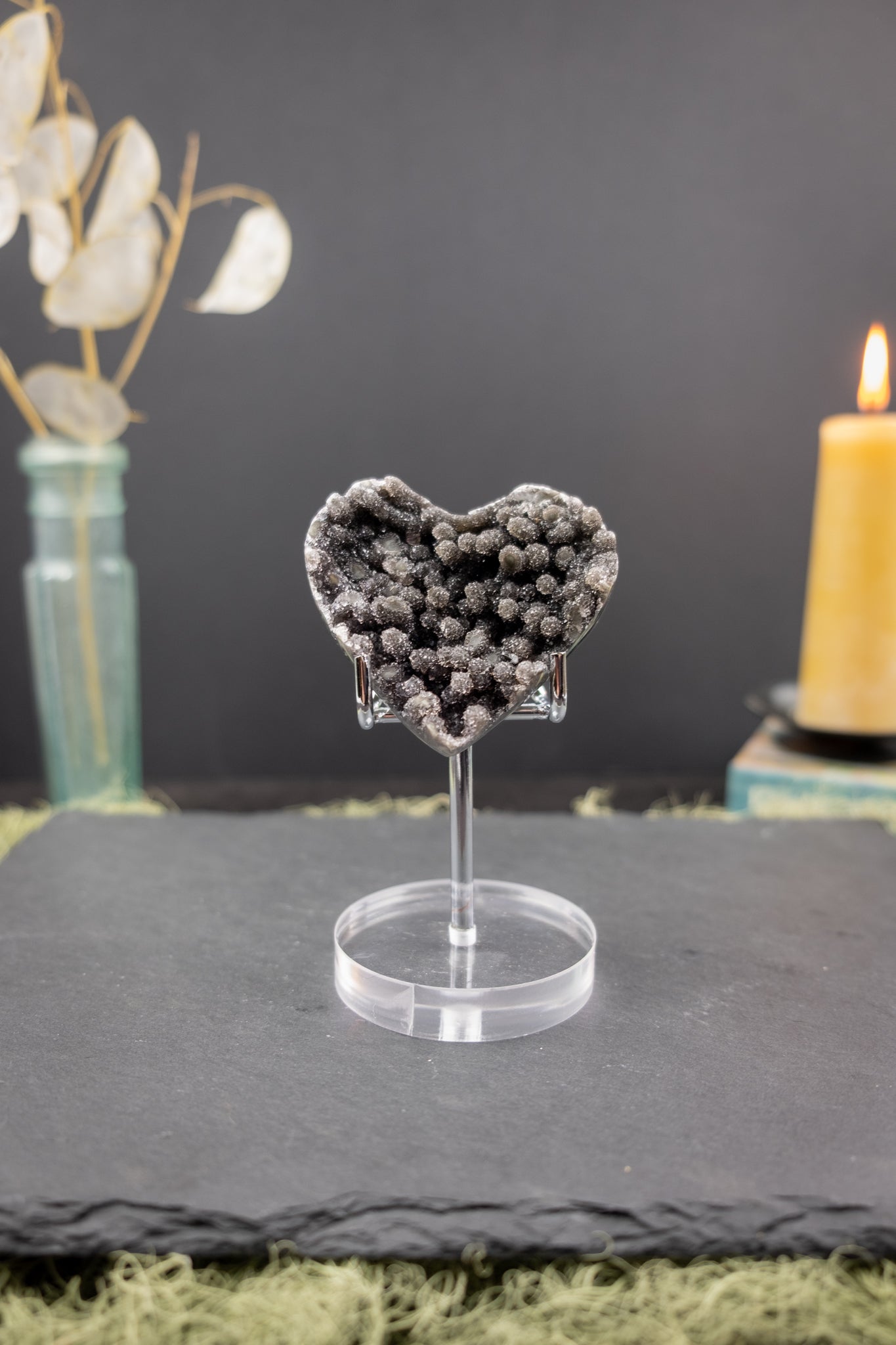 Black Drusy Amethyst Heart on Stand