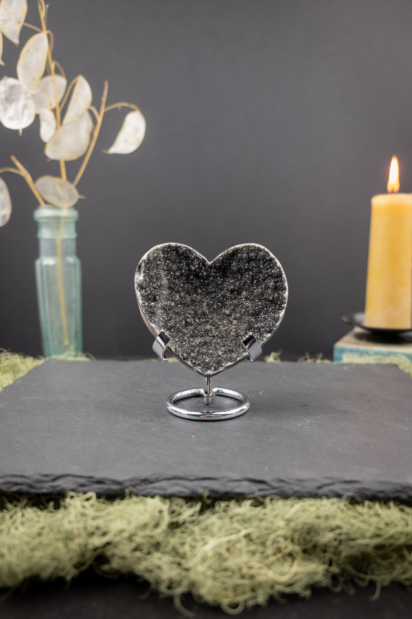 Black Drusy Amethyst Heart on Stand
