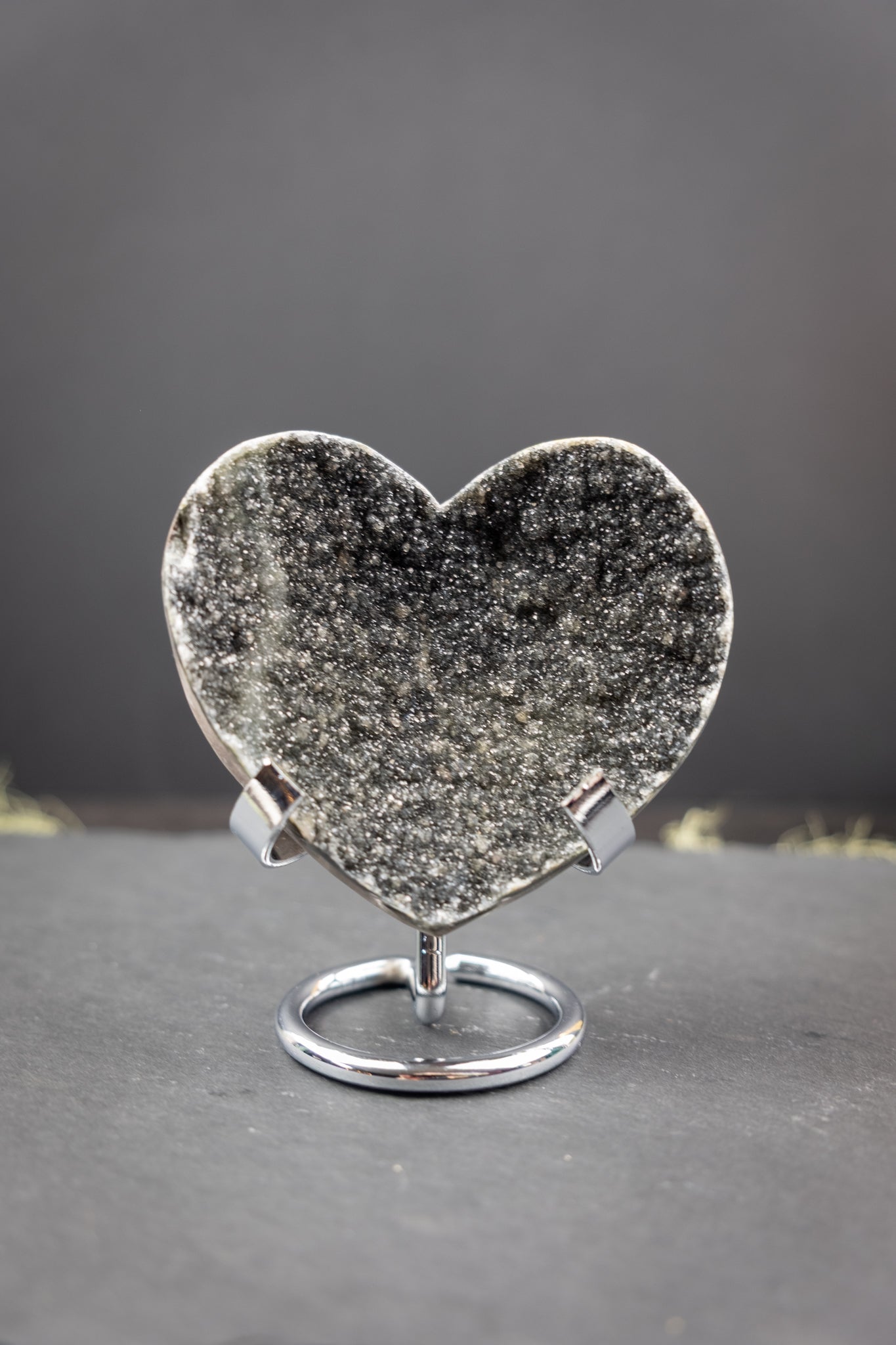 Black Drusy Amethyst Heart on Stand