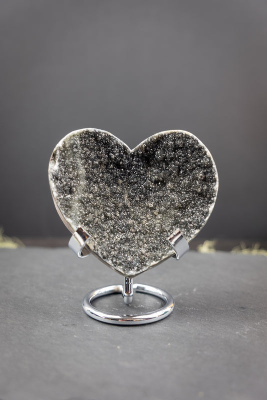Black Drusy Amethyst Heart on Stand