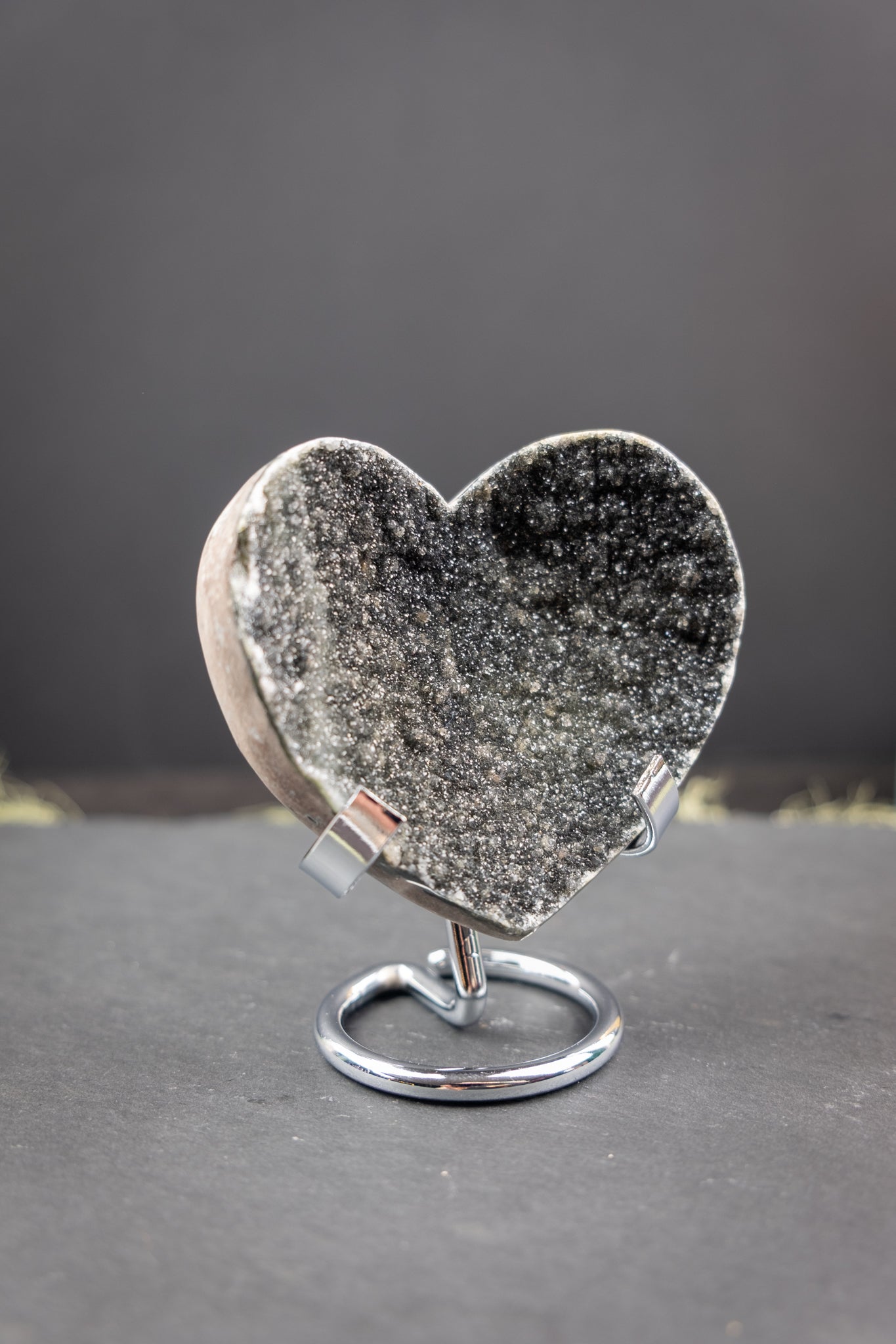 Black Drusy Amethyst Heart on Stand