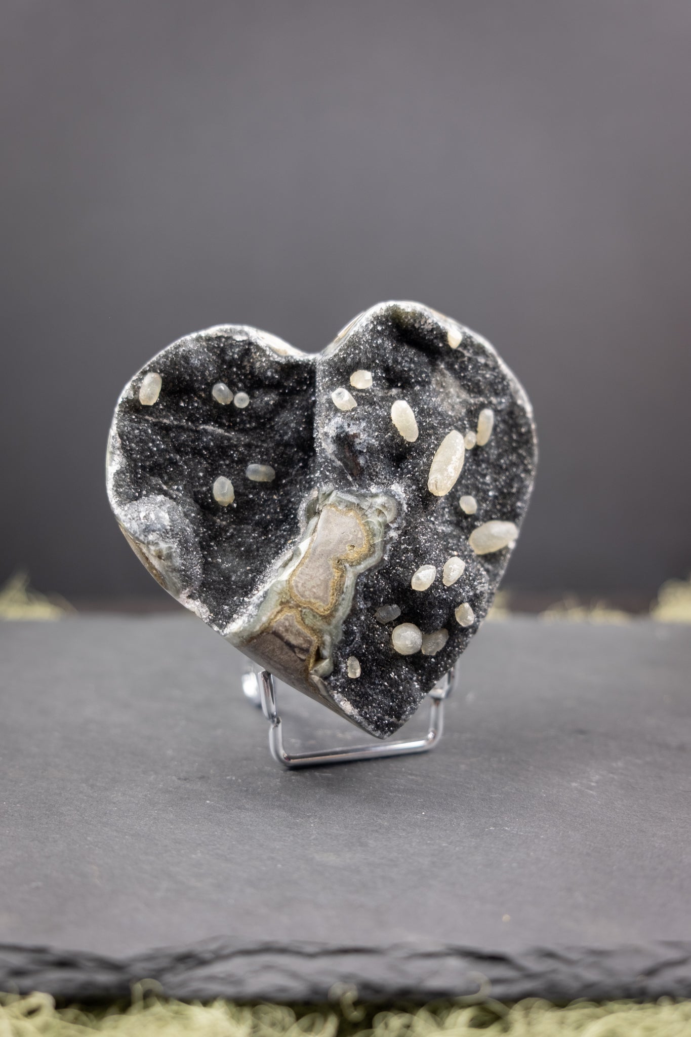 Black Amethyst Drusy Heart on Stand