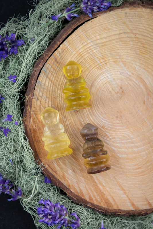 Golden Fluorite Buddha Carving, Ethically Sourced Gemstone from China, Radiant Crystal for Clarity, Abundance, and Spiritual Growth