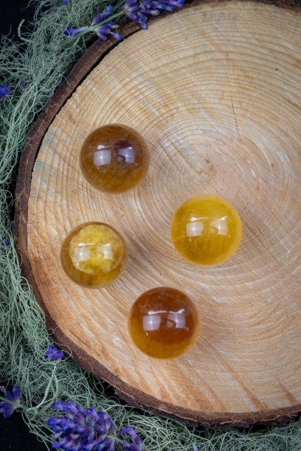 Golden Yellow Fluorite Crystal Sphere, Polished Gemstone for Focus, Clarity, Confidence, Solar Plexus Healing and Energy Protection