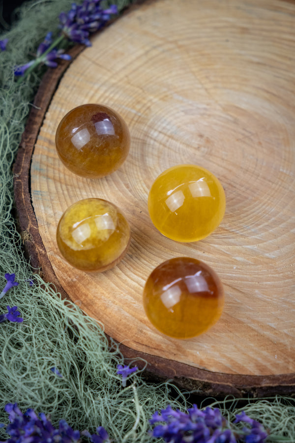 Golden Yellow Fluorite Crystal Sphere, Polished Gemstone for Focus, Clarity, Confidence, Solar Plexus Healing and Energy Protection