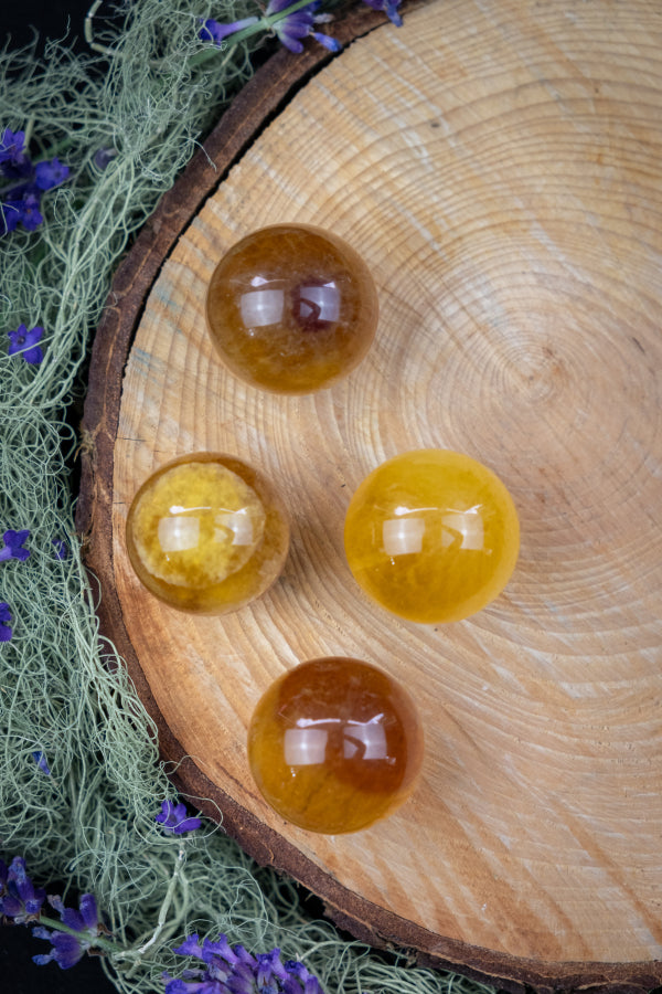 Golden Yellow Fluorite Crystal Sphere, Polished Gemstone for Focus, Clarity, Confidence, Solar Plexus Healing and Energy Protection