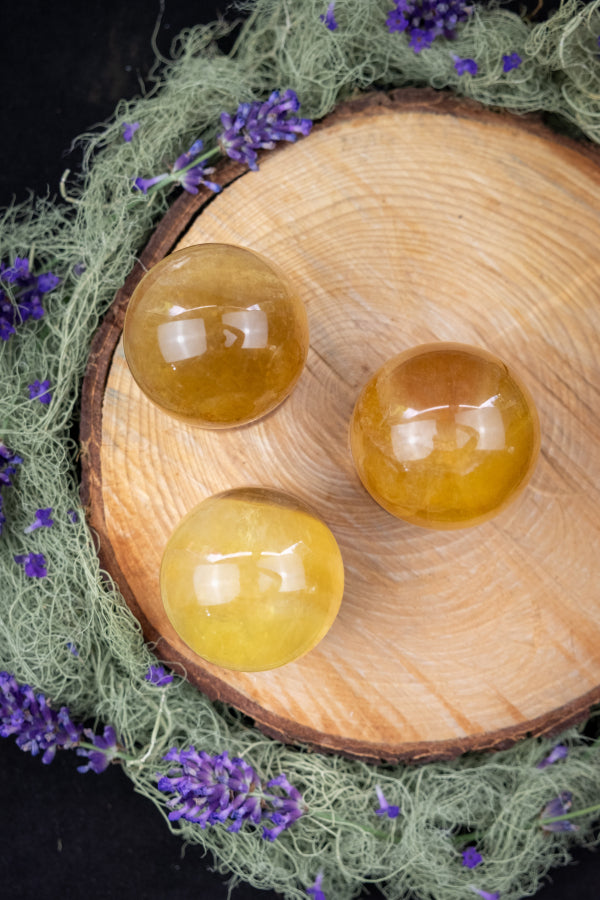 Golden Yellow Fluorite Crystal Sphere, Polished Gemstone for Focus, Clarity, Confidence, Solar Plexus Healing and Energy Protection