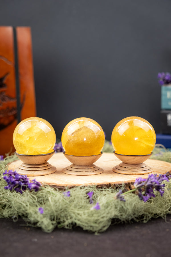 Golden Yellow Fluorite Crystal Sphere, Polished Gemstone for Focus, Clarity, Confidence, Solar Plexus Healing and Energy Protection