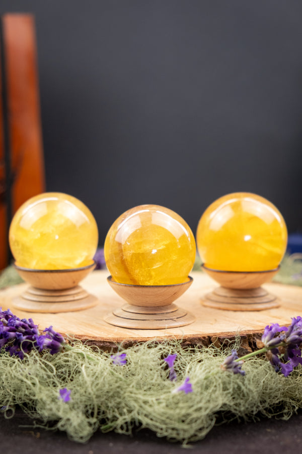 Golden Yellow Fluorite Crystal Sphere, Polished Gemstone for Focus, Clarity, Confidence, Solar Plexus Healing and Energy Protection