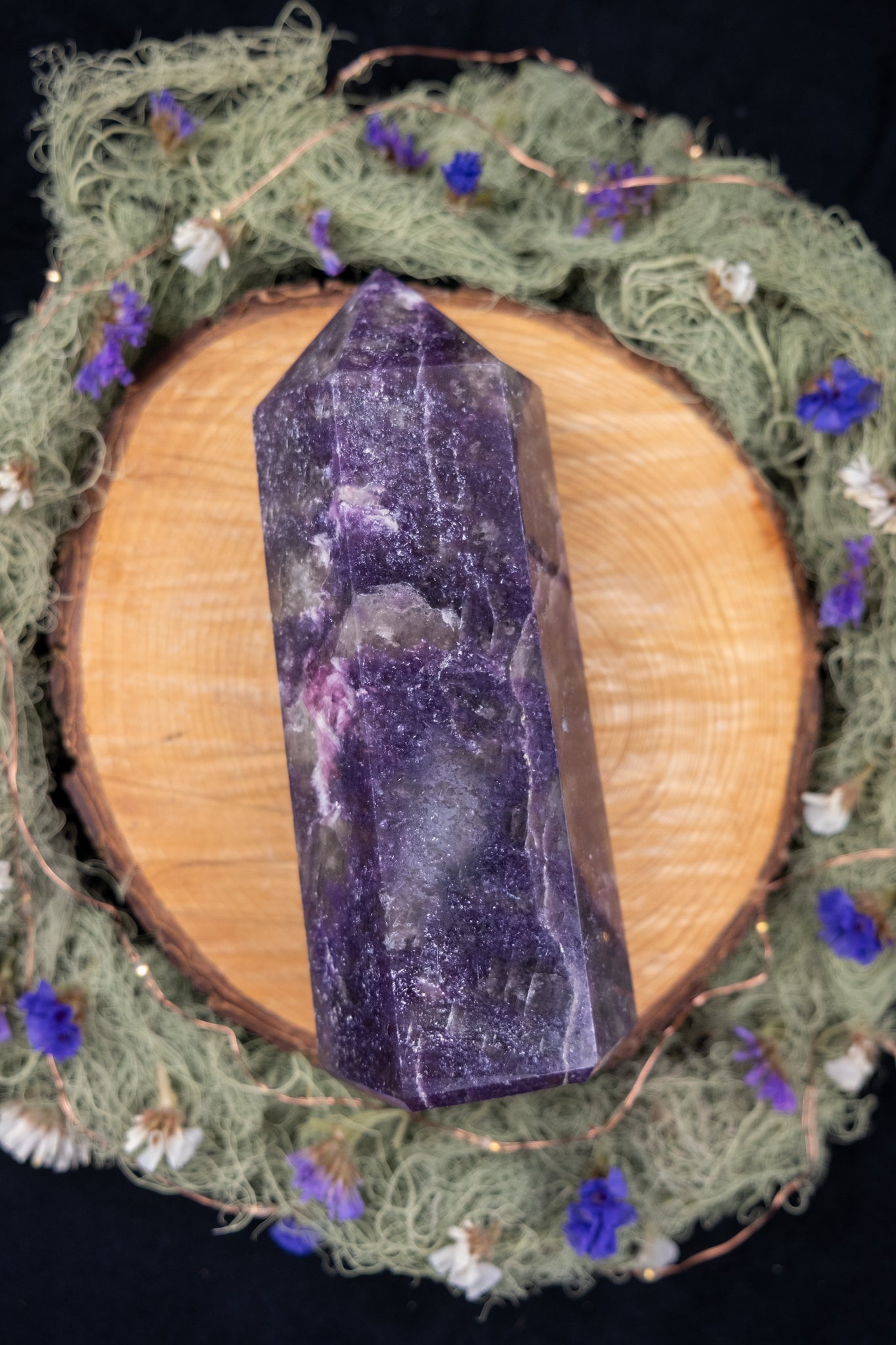 Lepidolite Point with Smokey Quartz and Pink Tourmaline Inclusions