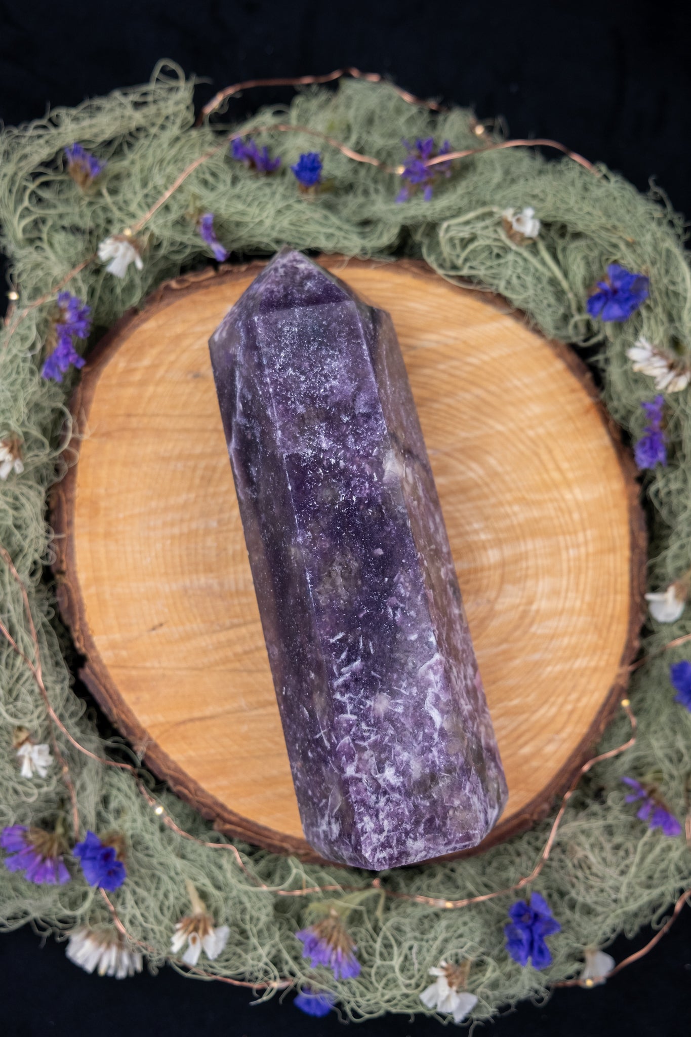 Lepidolite Point with Smokey Quartz, Pink Tourmaline and Apatite Inclusions