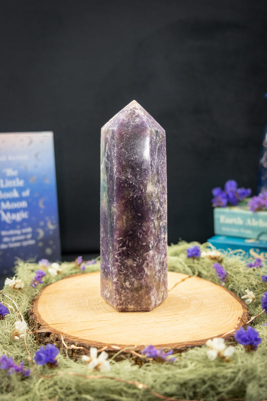 Lepidolite Point with Smokey Quartz, Pink Tourmaline and Apatite Inclusions