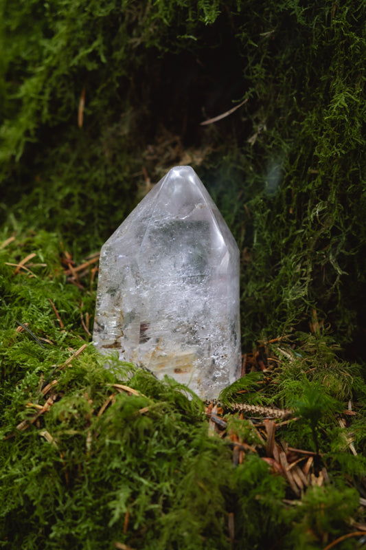 Clear Quartz Point with Iron and Amethyst Inclusions and tiny Enydro, A crystal to amplify and heal, Water wisdom