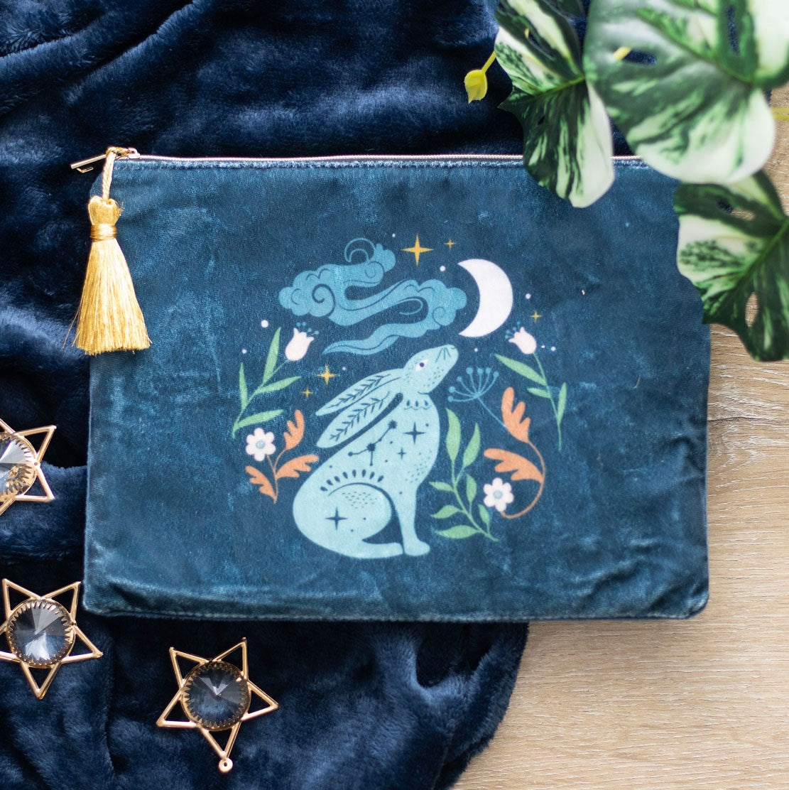 Midnight Hare Velvet Bag, Perfect for crystals and oracle cards on the go, Make up bag, Clutch bag.