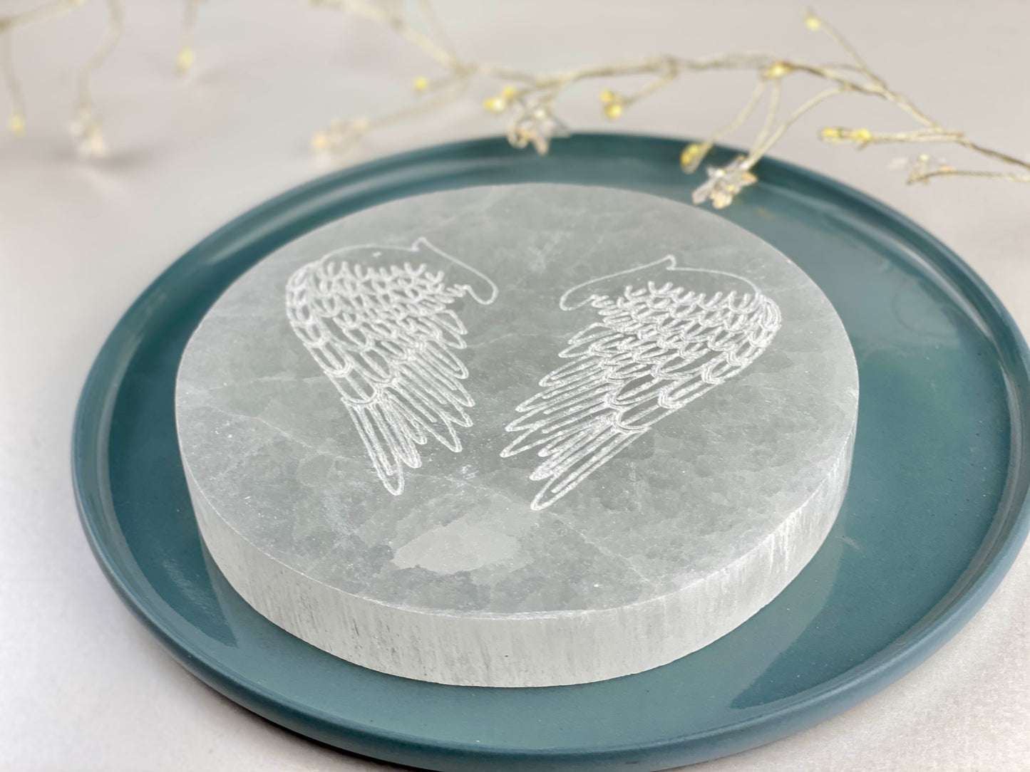 Selenite crystal plate with Angel wings etching, Large charging plate, Cleansing crystal, Energy purifier, Room cleanser