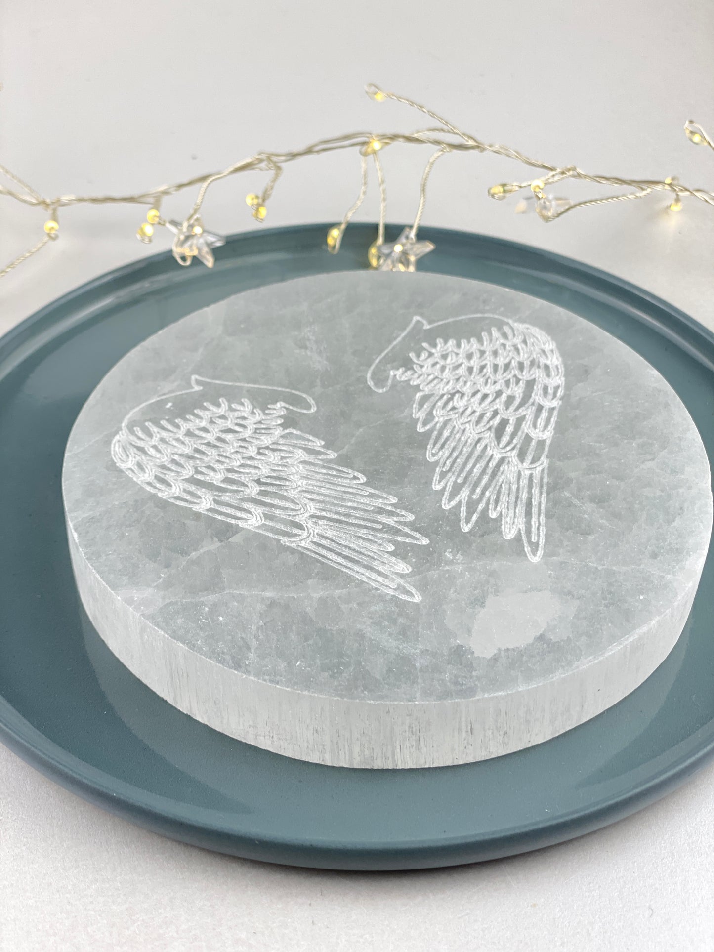 Selenite crystal plate with Angel wings etching, Large charging plate, Cleansing crystal, Energy purifier, Room cleanser