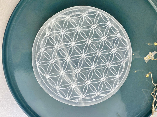 Selenite Flower of Life Crystal charging plate, Purifying and cleansing crystal, Sacred Symbol crystal