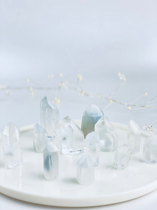 Blue Tara Quartz polished points, incredible clarity and energy.