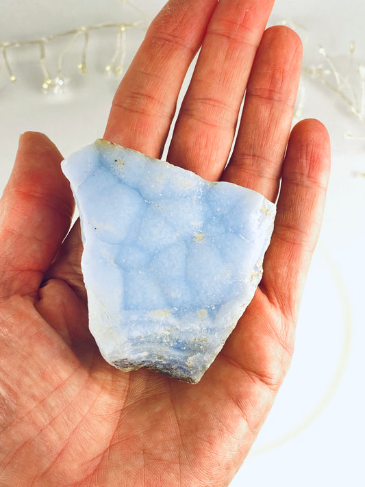 Blue lace agate raw drusy slice, a crystal for peace and calm.