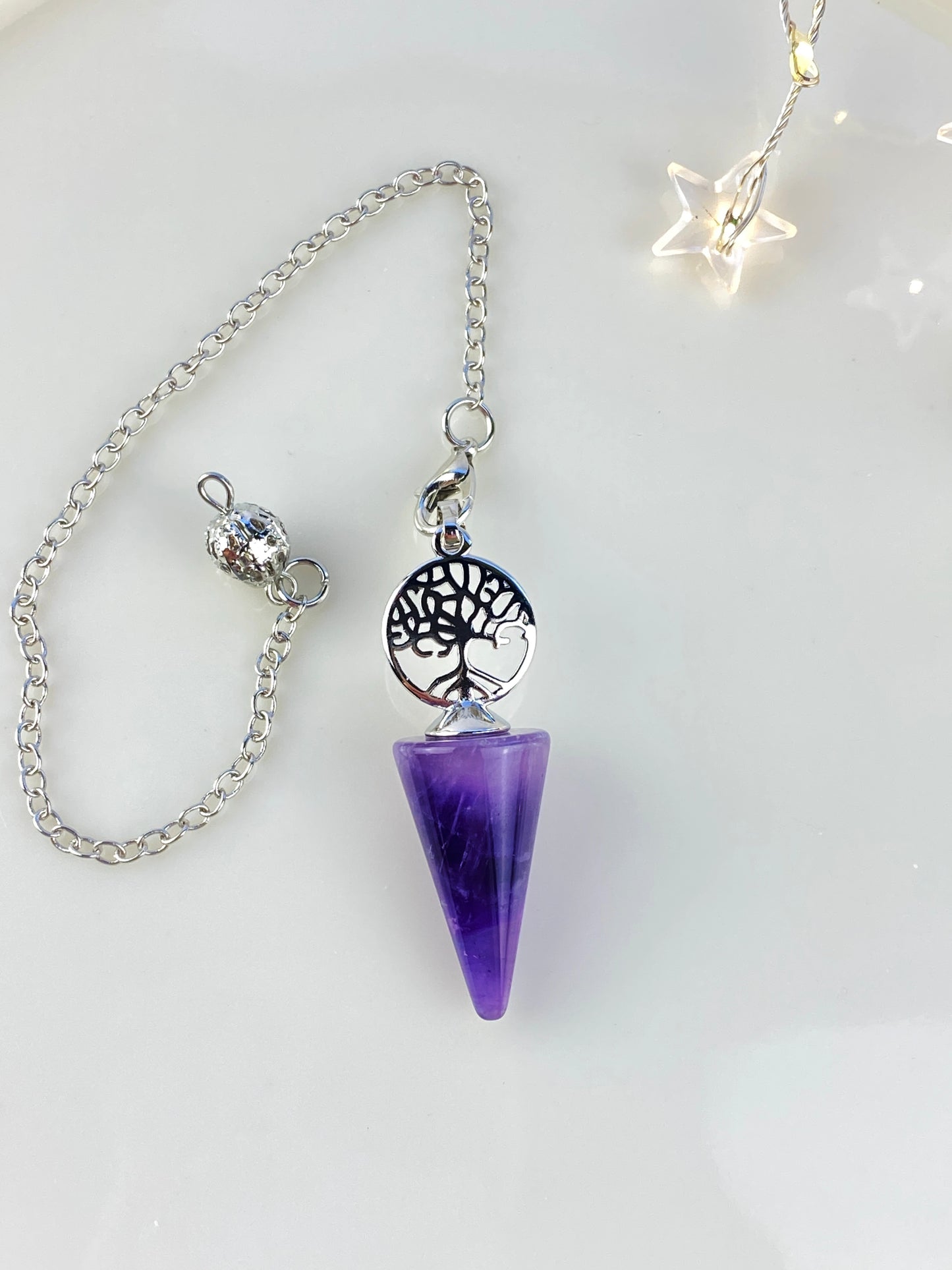 Amethyst crystal, tree of life, pendulum, Pendant, Dowsing pendulum