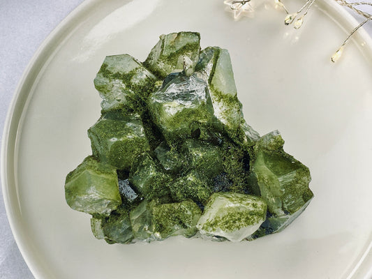 Forest Epidote Quartz Crystal, Sparkly Green Epidote with Quartz, Gaia energy crystal, Aura cleanser