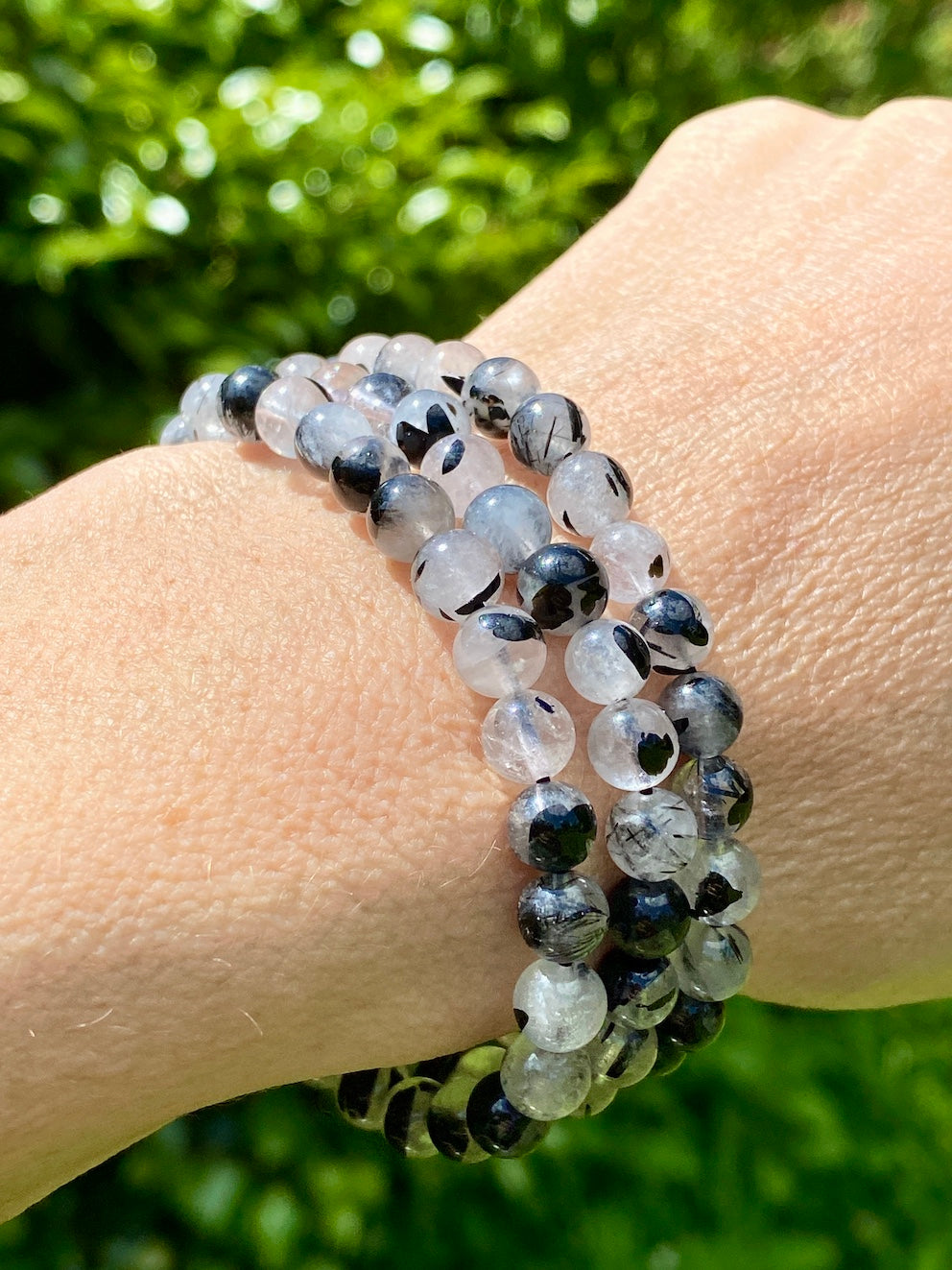 Tourmaline Quartz Rutilated crystal bracelet, 6mm bead.