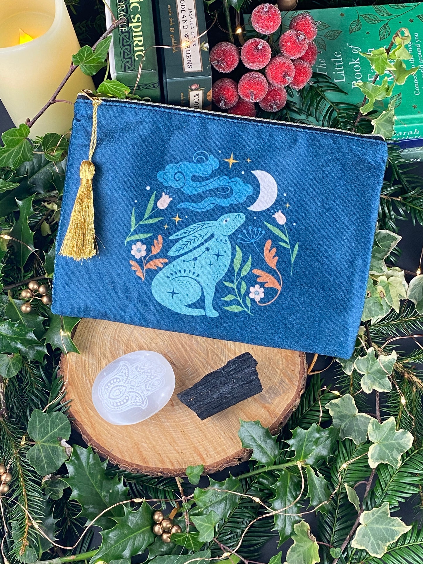 Midnight Hare Velvet Bag, Perfect for crystals and oracle cards on the go, Make up bag, Clutch bag.