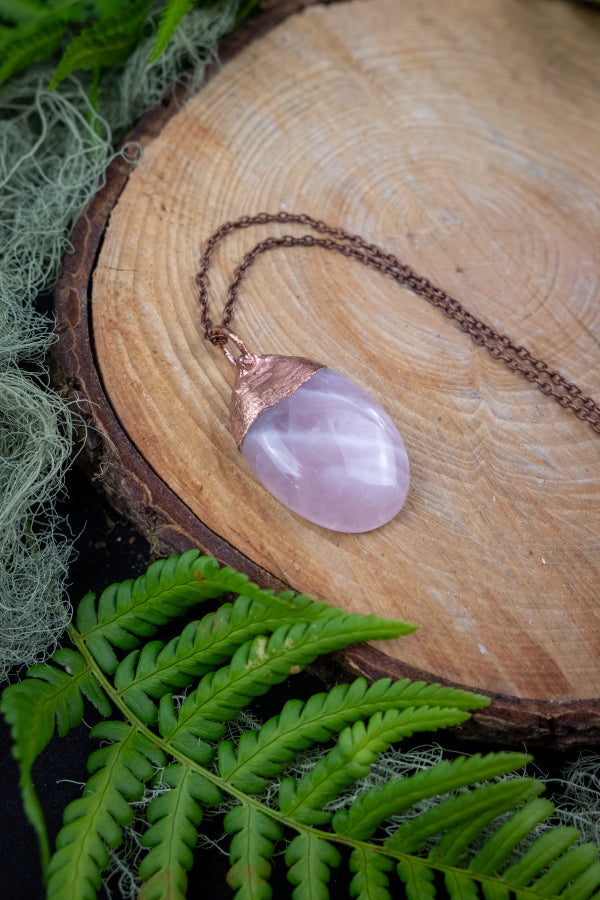 Rose Quartz Copper Pendant, Electroformed Crystal Necklace, Handmade UK Artisan Jewellery, Healing Copper & Gemstone Jewellery, Boho style.