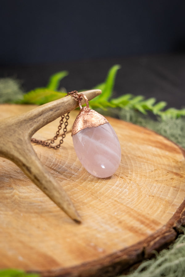 Rose Quartz Copper Pendant, Electroformed Crystal Necklace, Handmade UK Artisan Jewellery, Healing Copper & Gemstone Jewellery, Boho style.