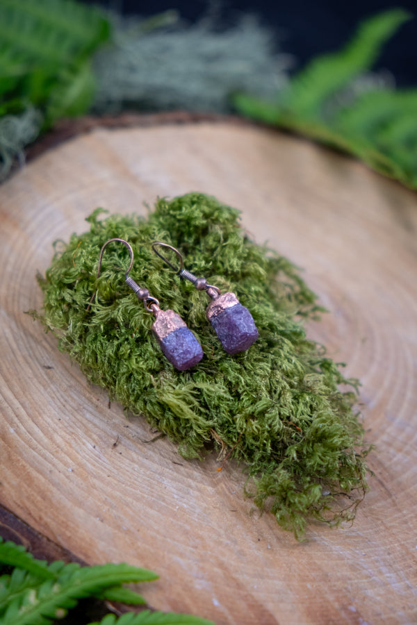 Raw Ruby Crystal and Copper Drop Earrings, Natural Ruby Gemstone Earrings, July Birthstone, Handmade Crystal Jewellery for Passion and Power