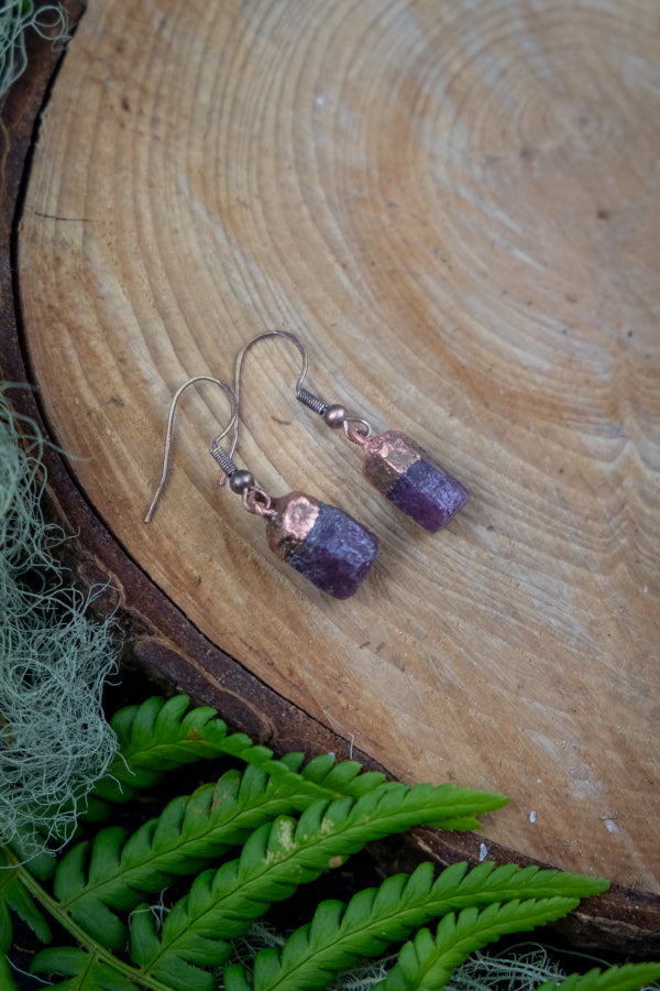 Raw Ruby Crystal and Copper Drop Earrings, Natural Ruby Gemstone Earrings, July Birthstone, Handmade Crystal Jewellery for Passion and Power