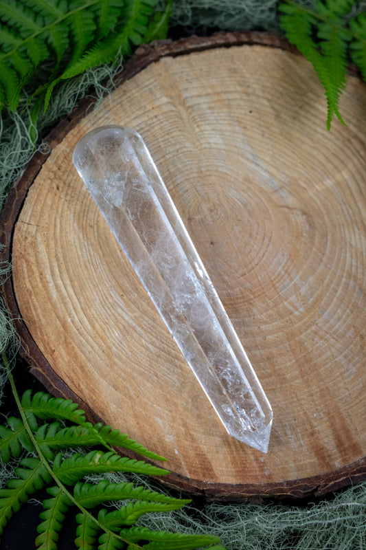 Clear Lemurian Quartz Vogel Wand, 6 Sided Crystal Point with Domed Top for Clarity, Energy Healing and Higher Guidance
