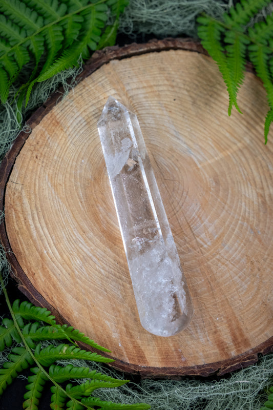 Clear Lemurian Quartz Vogel Wand, 6 Sided Crystal Point with Domed Top for Clarity, Energy Healing and Higher Guidance