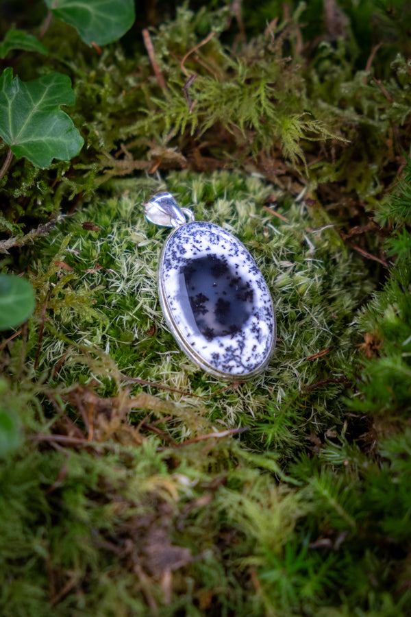 Merlinite crystal pendant, 925 Sterling silver, Large Dendritic Opal, Handmade, Black and white gemstone, Ethically sourced crystal.