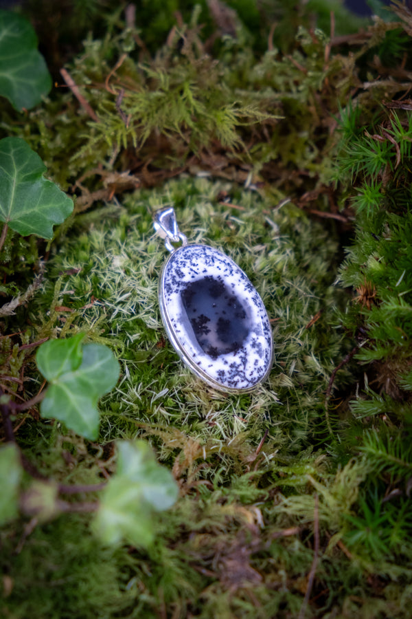 Merlinite crystal pendant, 925 Sterling silver, Large Dendritic Opal, Handmade, Black and white gemstone, Ethically sourced crystal.