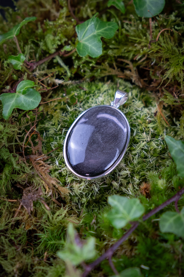 Silver sheen Obsidian Crystal Pendant, 925 Sterling silver, Grounding & Protection crystal, Crystal for communication, Shamanic crystal.