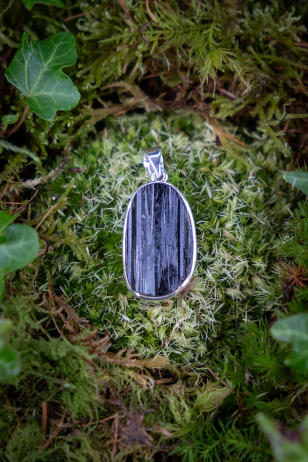 Black Tourmaline crystal pendant, 925 Sterling Silver pendant, October birthstone, Hand carved and hand made, EMF protection, Grounding.