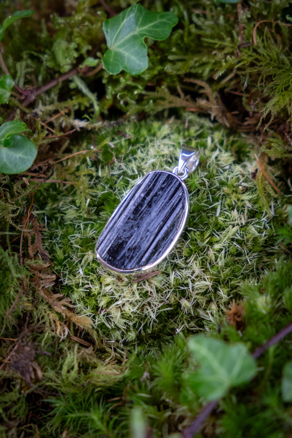 Black Tourmaline crystal pendant, 925 Sterling Silver pendant, October birthstone, Hand carved and hand made, EMF protection, Grounding.