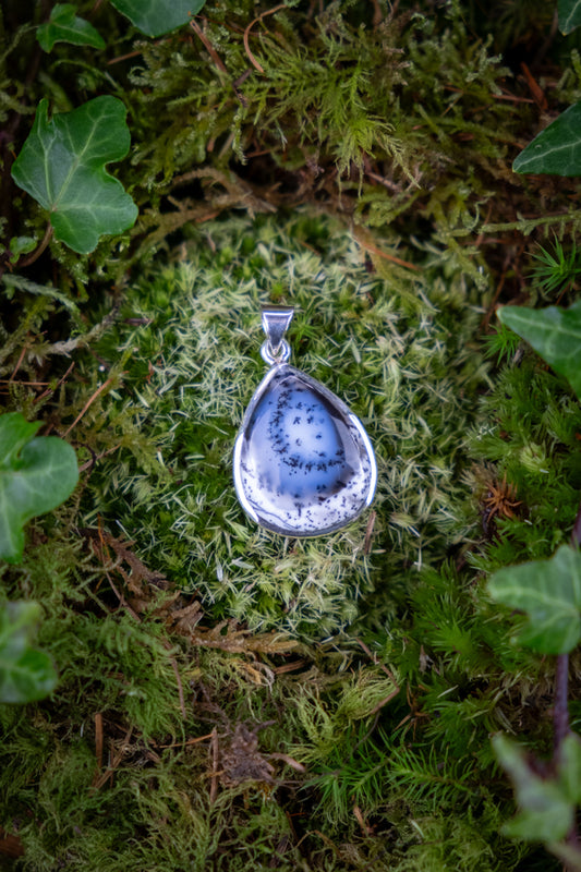 Merlinite crystal pendant, 925 Sterling silver, Large Dendritic Opal, Handmade, Black and white gemstone, Ethically sourced crystal