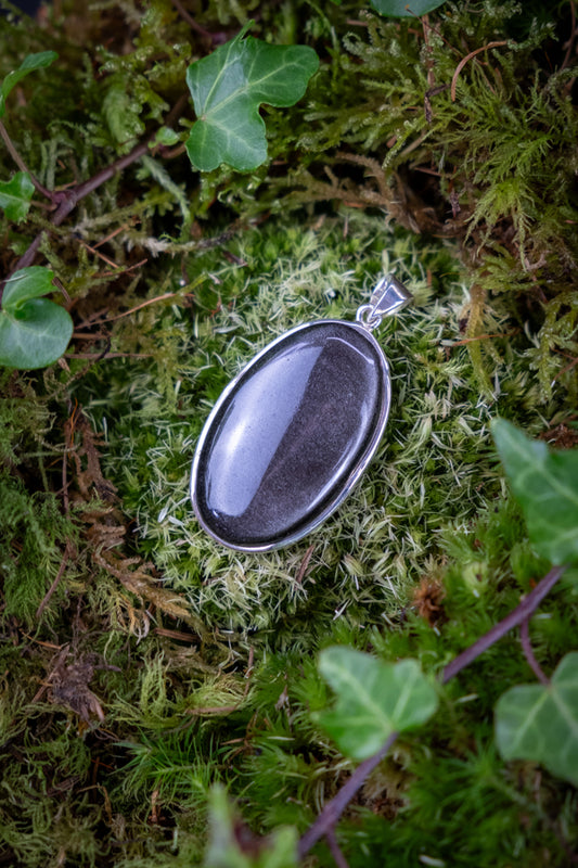 Silver sheen Obsidian Crystal Pendant, 925 Sterling silver, Grounding & Protection crystal, Crystal for communication, Shamanic crystal.