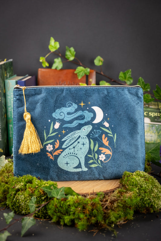 Midnight Hare Velvet Bag, Perfect for crystals and oracle cards on the go, Make up bag, Clutch bag.