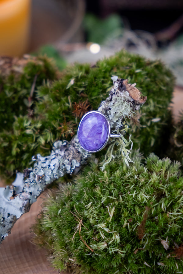 Charoite Crystal Sterling Silver Adjustable Ring, Rare Purple Gemstone, Spiritual Protection, Transformation, Intuition & Healing